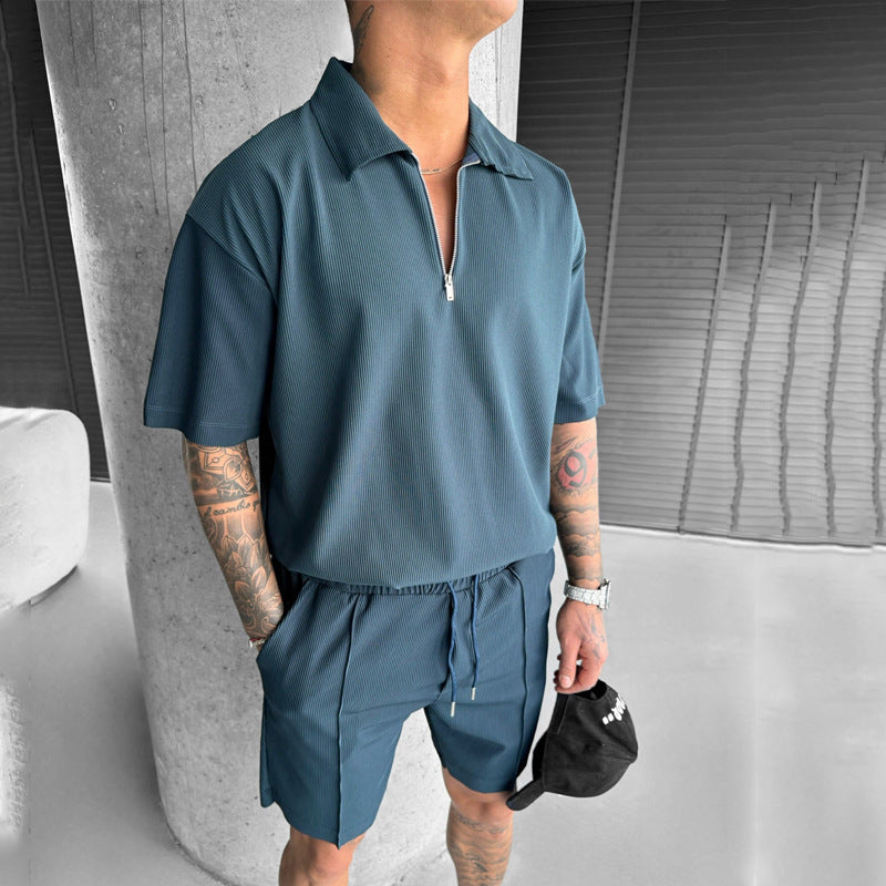Summer Fashion Mens Clothing Men's Suits New Zipper Polo Casual Short Sleeve Drawstring Shorts Men's Set - Daily Cozy Closet