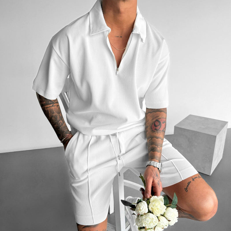 Summer Fashion Mens Clothing Men's Suits New Zipper Polo Casual Short Sleeve Drawstring Shorts Men's Set - Daily Cozy Closet