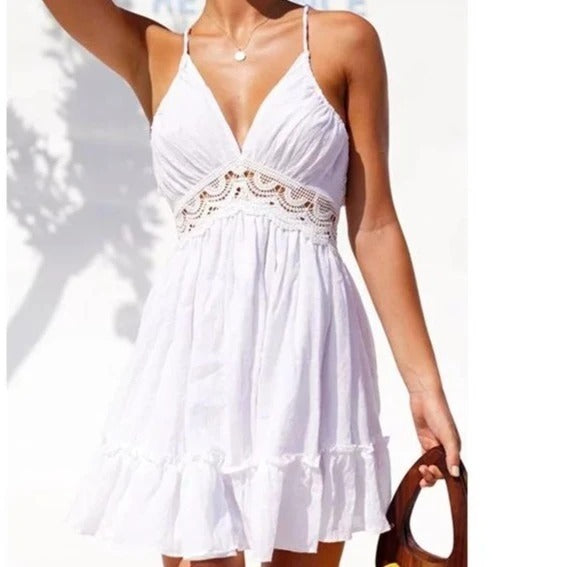 🌸 Lace Meets Street – High Waist Cotton Blend V-Neck Swing Dress - Daily Cozy Closet