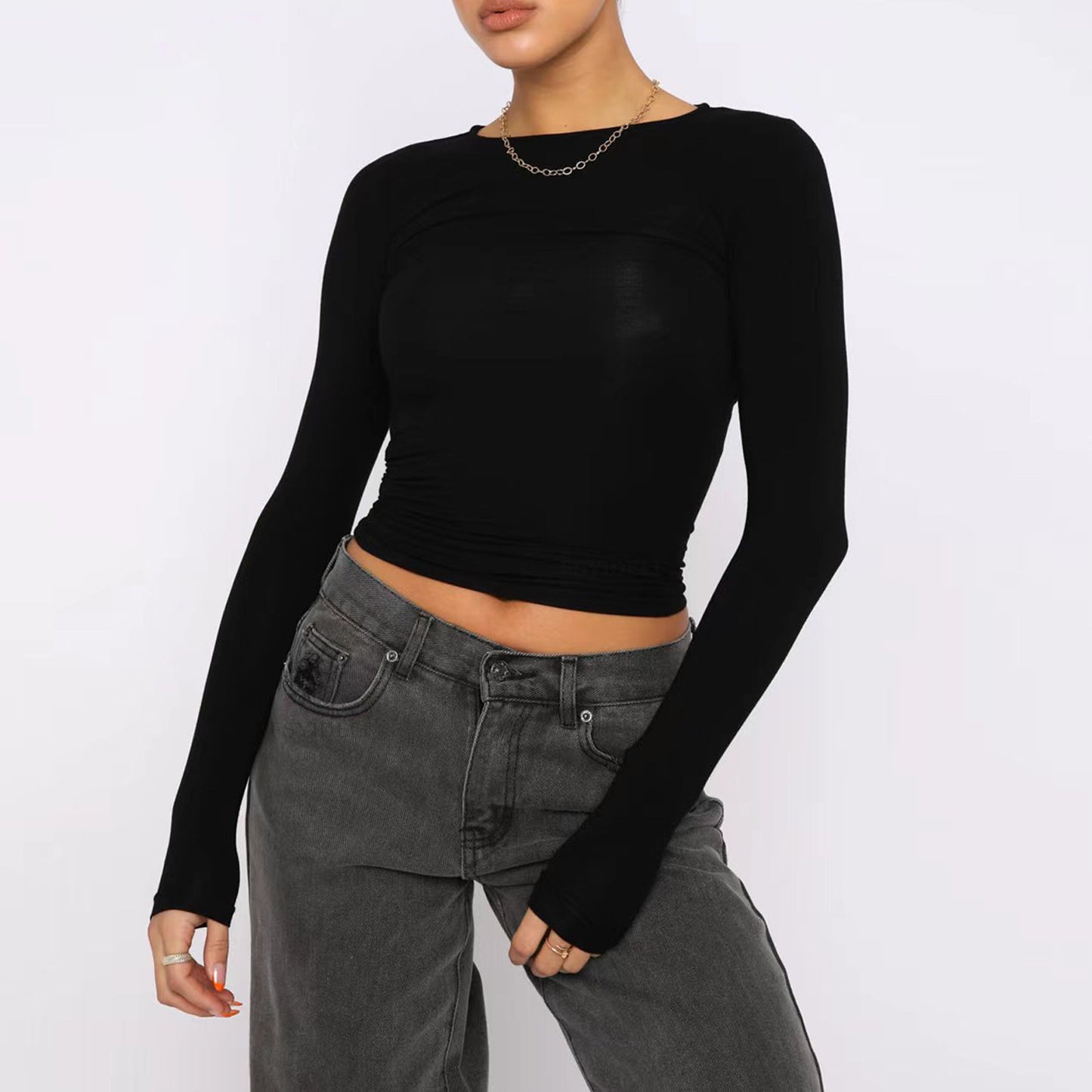 Women's Clothing Fashion Slim Long-sleeved Pullovers Tops Solid Causal Fit Shirts - Daily Cozy Closet