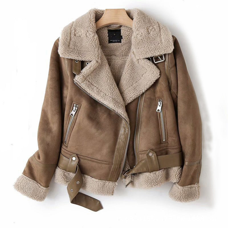 WInter Lapel Jacket Suede Lamb Wool Warm Coat Motorcycle Clothing Women Outwears - Daily Cozy Closet
