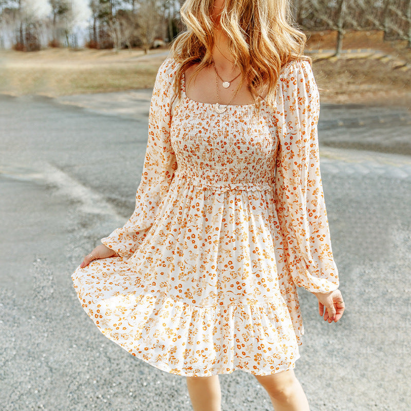 ๐ Fall Florals & Retro Charm โ Square Collar Long Sleeve Smocked Dress - Daily Cozy Closet