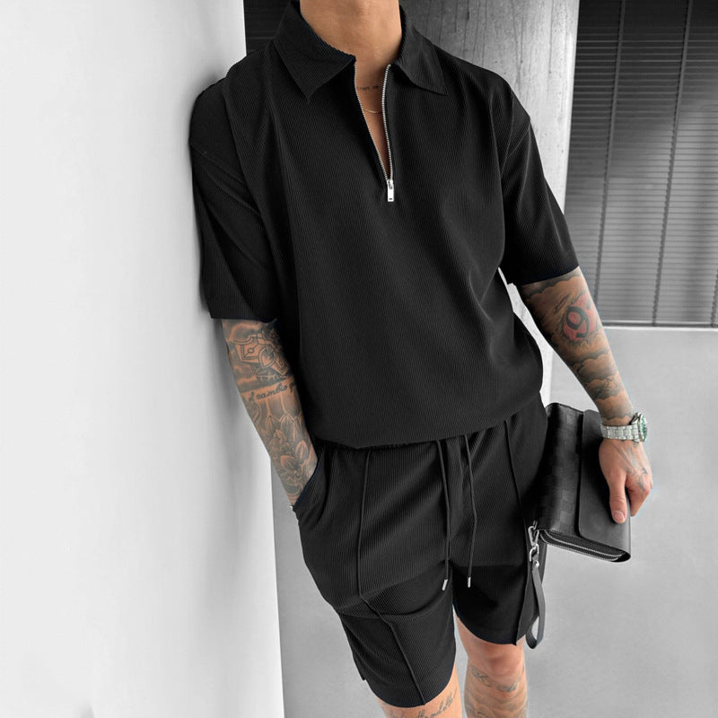 Summer Fashion Mens Clothing Men's Suits New Zipper Polo Casual Short Sleeve Drawstring Shorts Men's Set - Daily Cozy Closet