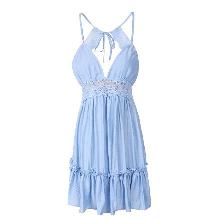 🌸 Lace Meets Street – High Waist Cotton Blend V-Neck Swing Dress - Daily Cozy Closet