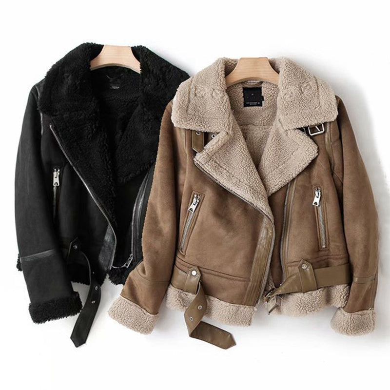 WInter Lapel Jacket Suede Lamb Wool Warm Coat Motorcycle Clothing Women Outwears - Daily Cozy Closet