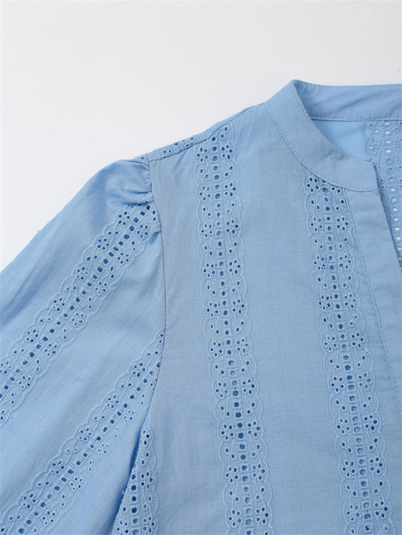💙 Embroidered Elegance – Long Sleeve Button-Up Shirt - Daily Cozy Closet