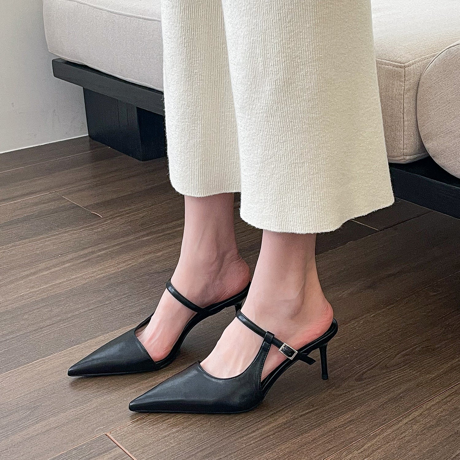 👠 Sleek & Chic – Women’s Pointed Toe High Heel Half Slippers with Ankle Strap - Daily Cozy Closet