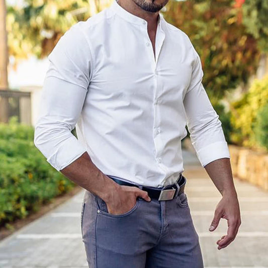 Long Sleeve Shirt Men Casual Button Down Slim Tops Solid Color Casual Mens Clothing - Daily Cozy Closet