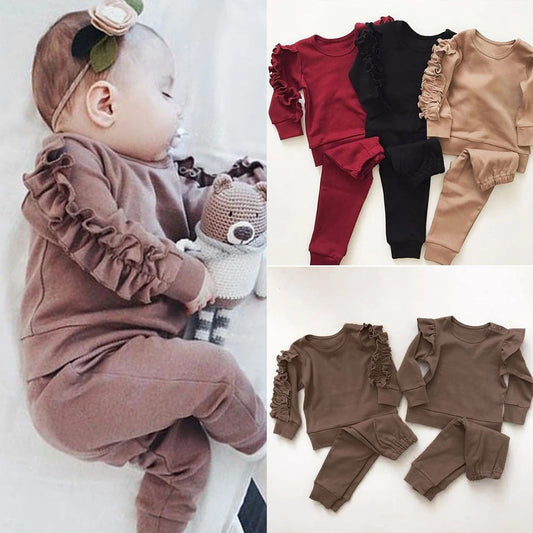 Newborn Baby Boys Girls Ruffles Jumper Solid Long Sleeve Sweatshirt Tops Pants Infant Kids 2Pcs Outfits Clothes Set Fall Clothes - Daily Cozy Closet