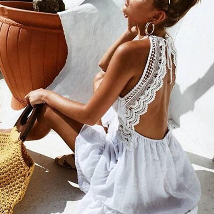 🌸 Lace Meets Street – High Waist Cotton Blend V-Neck Swing Dress - Daily Cozy Closet