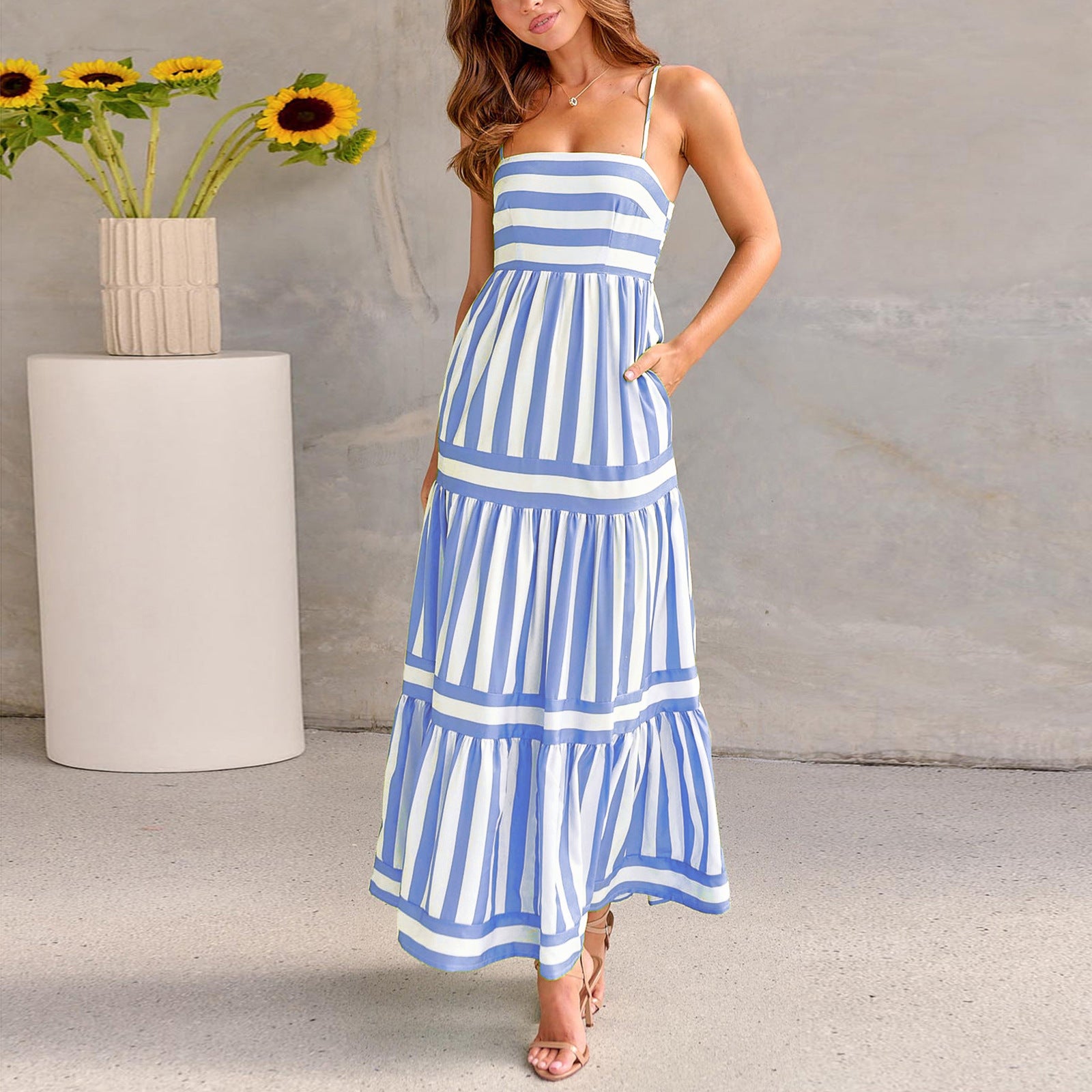 Summer Striped Printed Suspender Long Dress With Pockets Fashion Square Neck Backless Dresses For Beach Vacation Women Clothing - Daily Cozy Closet