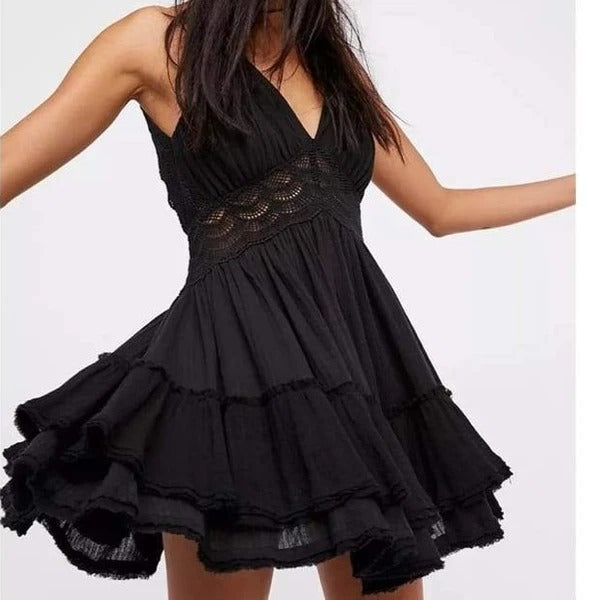 🌸 Lace Meets Street – High Waist Cotton Blend V-Neck Swing Dress - Daily Cozy Closet