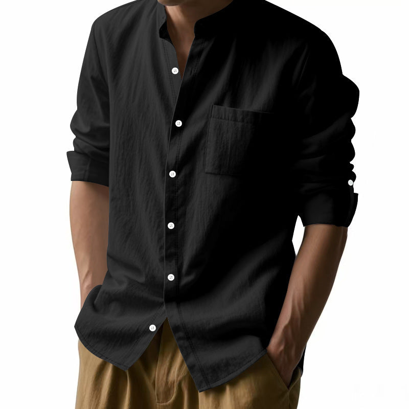 👔 Stylish Long Sleeve Stand Collar Shirt with Pockets – Casual Comfort for Men - Daily Cozy Closet