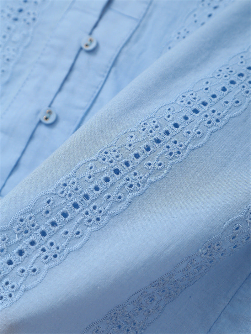 💙 Embroidered Elegance – Long Sleeve Button-Up Shirt - Daily Cozy Closet