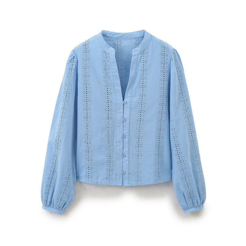 💙 Embroidered Elegance – Long Sleeve Button-Up Shirt - Daily Cozy Closet
