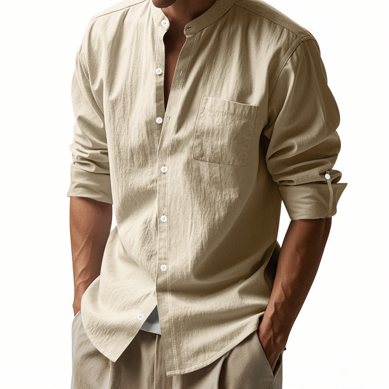 👔 Stylish Long Sleeve Stand Collar Shirt with Pockets – Casual Comfort for Men - Daily Cozy Closet