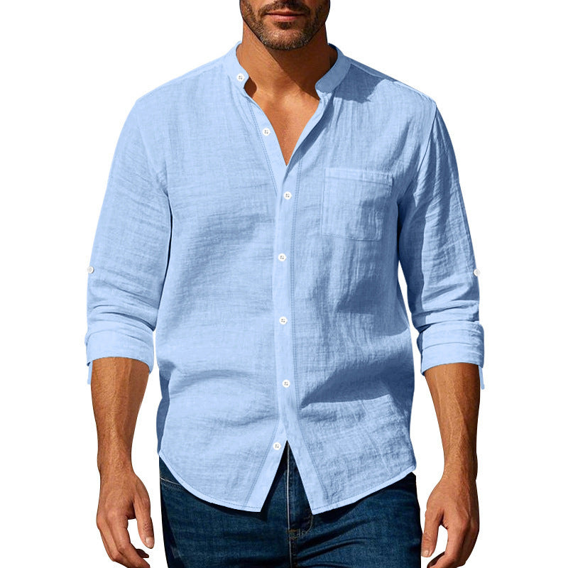 👔 Stylish Long Sleeve Stand Collar Shirt with Pockets – Casual Comfort for Men - Daily Cozy Closet