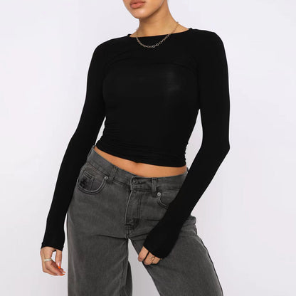 Women's Clothing Fashion Slim Long-sleeved Pullovers Tops Solid Causal Fit Shirts - Daily Cozy Closet