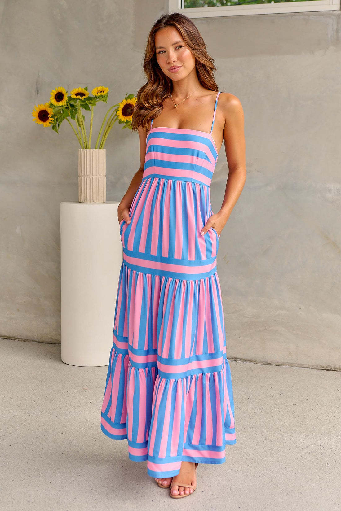 Summer Striped Printed Suspender Long Dress With Pockets Fashion Square Neck Backless Dresses For Beach Vacation Women Clothing - Daily Cozy Closet