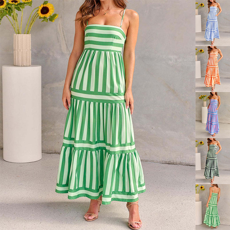 Summer Striped Printed Suspender Long Dress With Pockets Fashion Square Neck Backless Dresses For Beach Vacation Women Clothing - Daily Cozy Closet