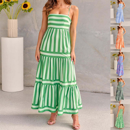 Summer Striped Printed Suspender Long Dress With Pockets Fashion Square Neck Backless Dresses For Beach Vacation Women Clothing - Daily Cozy Closet