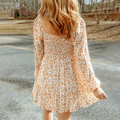 🍂 Fall Florals & Retro Charm – Square Collar Long Sleeve Smocked Dress - Daily Cozy Closet