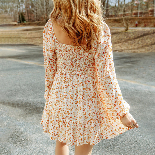 🍂 Fall Florals & Retro Charm – Square Collar Long Sleeve Smocked Dress - Daily Cozy Closet