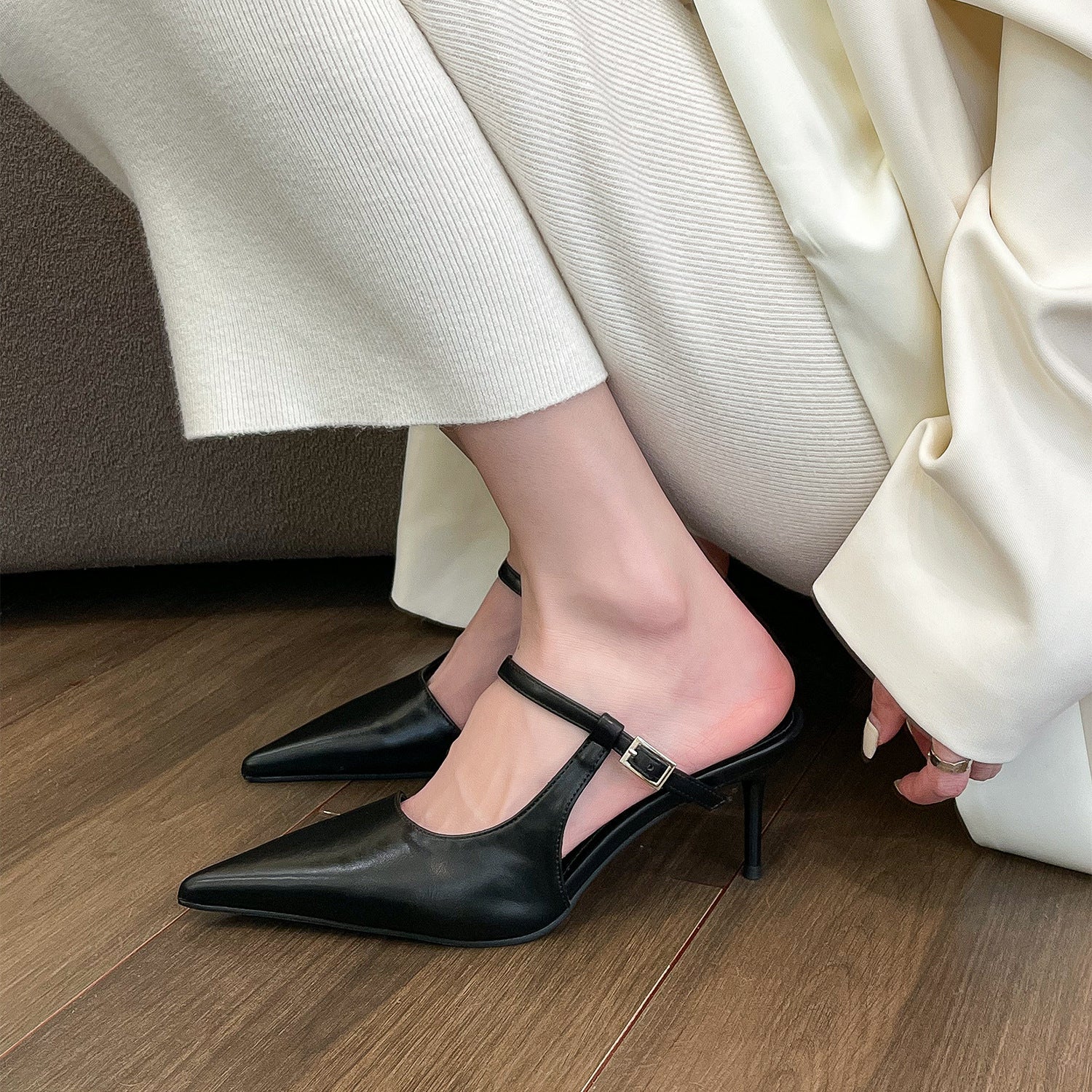 👠 Sleek & Chic – Women’s Pointed Toe High Heel Half Slippers with Ankle Strap - Daily Cozy Closet