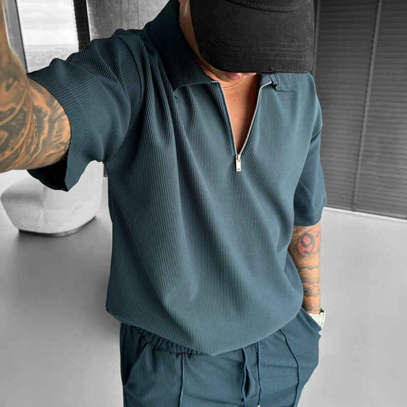 Summer Fashion Mens Clothing  Men's Suits New Zipper Polo Casual Short Sleeve Drawstring Shorts Men's Set - Daily Cozy Closet