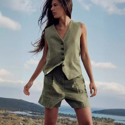 🌿  Summer-Ready – Women’s Linen Blend Sleeveless Top & Shorts Set - Daily Cozy Closet
