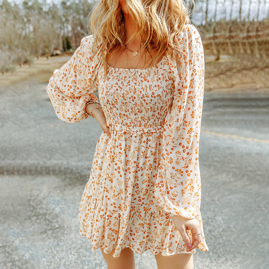 🍂 Fall Florals & Retro Charm – Square Collar Long Sleeve Smocked Dress - Daily Cozy Closet