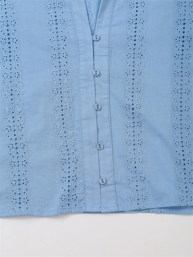 💙 Embroidered Elegance – Long Sleeve Button-Up Shirt - Daily Cozy Closet