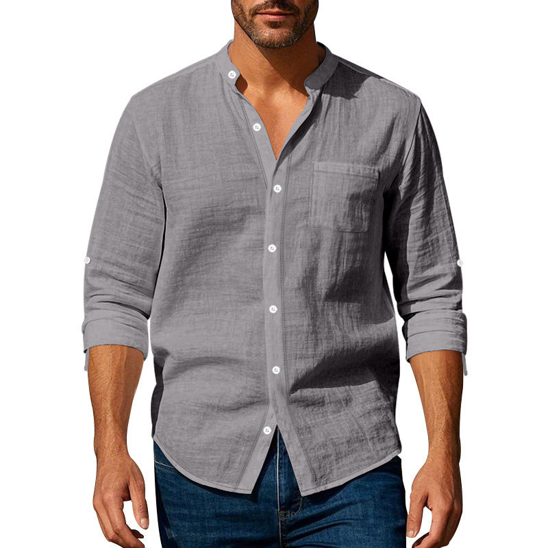 👔 Stylish Long Sleeve Stand Collar Shirt with Pockets – Casual Comfort for Men - Daily Cozy Closet