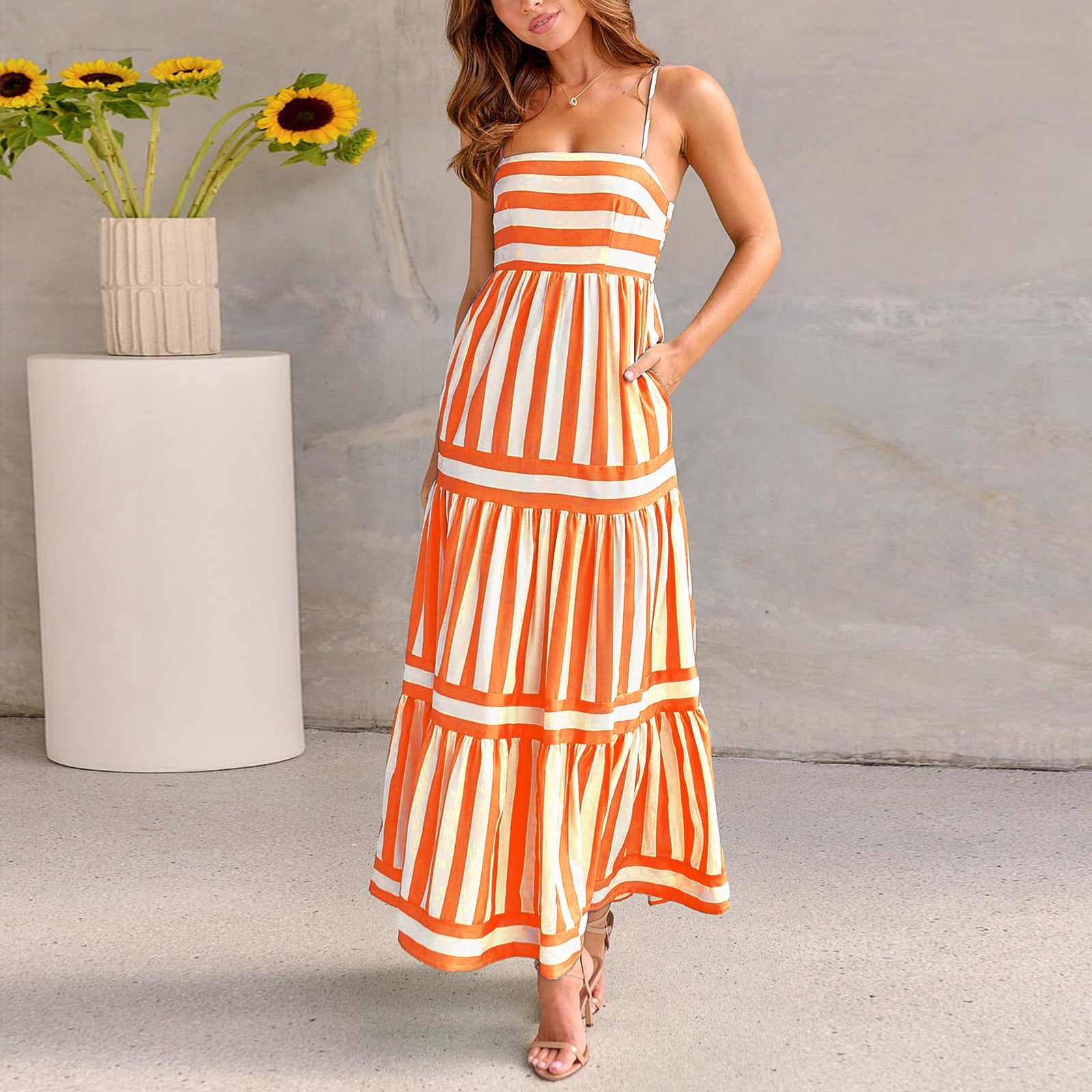 Summer Striped Printed Suspender Long Dress With Pockets Fashion Square Neck Backless Dresses For Beach Vacation Women Clothing - Daily Cozy Closet