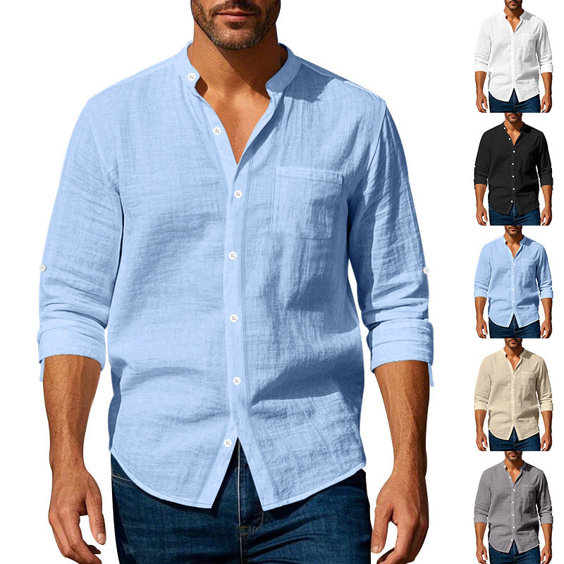 👔 Stylish Long Sleeve Stand Collar Shirt with Pockets – Casual Comfort for Men - Daily Cozy Closet