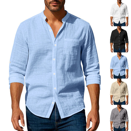 👔 Stylish Long Sleeve Stand Collar Shirt with Pockets – Casual Comfort for Men - Daily Cozy Closet