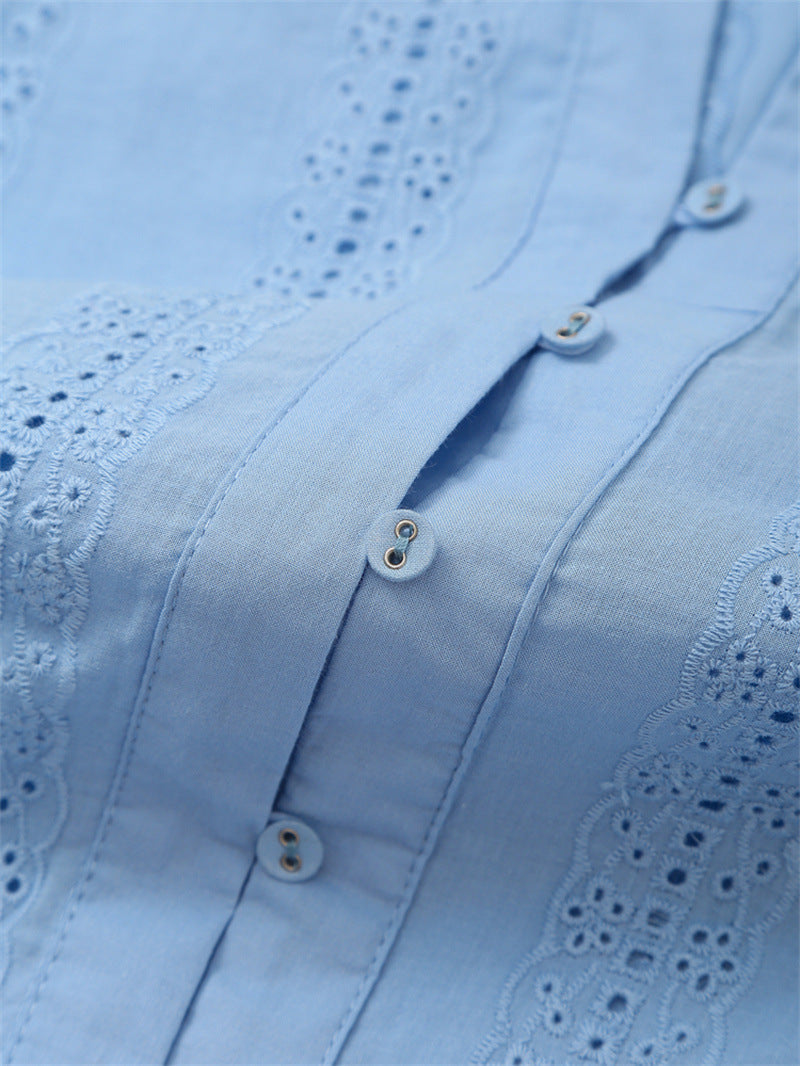 💙 Embroidered Elegance – Long Sleeve Button-Up Shirt - Daily Cozy Closet