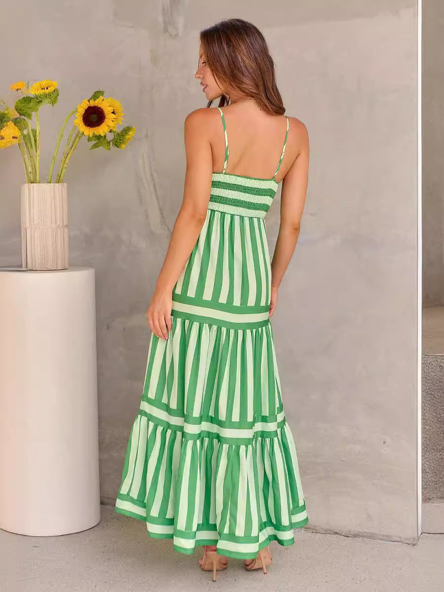Summer Striped Printed Suspender Long Dress With Pockets Fashion Square Neck Backless Dresses For Beach Vacation Women Clothing - Daily Cozy Closet