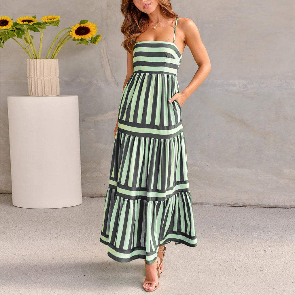 Summer Striped Printed Suspender Long Dress With Pockets Fashion Square Neck Backless Dresses For Beach Vacation Women Clothing - Daily Cozy Closet