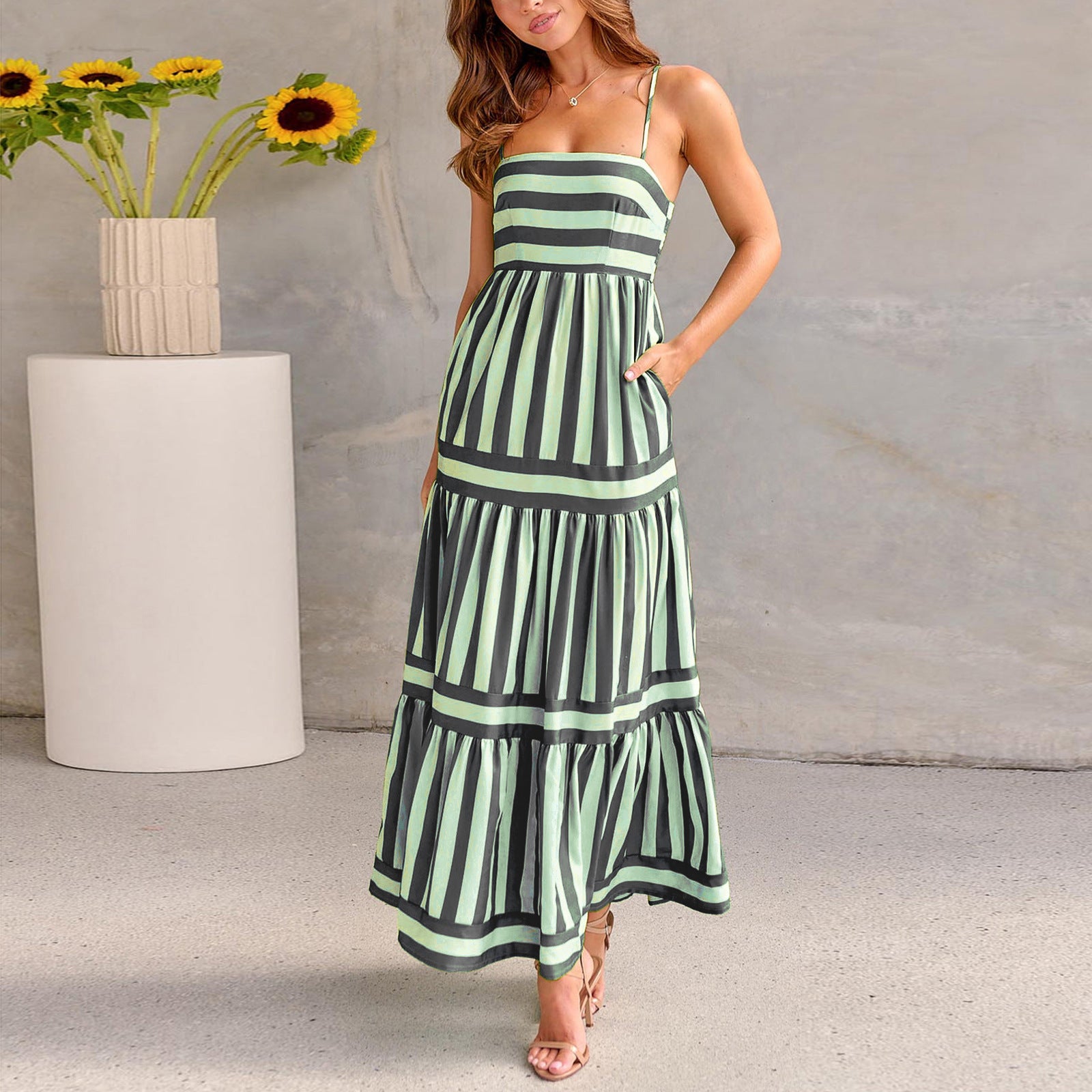 Summer Striped Printed Suspender Long Dress With Pockets Fashion Square Neck Backless Dresses For Beach Vacation Women Clothing - Daily Cozy Closet
