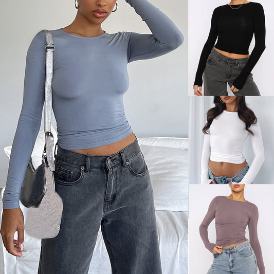 Women's Clothing Fashion Slim Long-sleeved Pullovers Tops Solid Causal Fit Shirts - Daily Cozy Closet