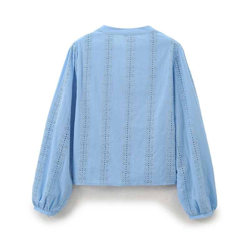 💙 Embroidered Elegance – Long Sleeve Button-Up Shirt - Daily Cozy Closet
