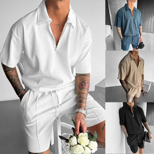 Summer Fashion Mens Clothing  Men's Suits New Zipper Polo Casual Short Sleeve Drawstring Shorts Men's Set - Daily Cozy Closet