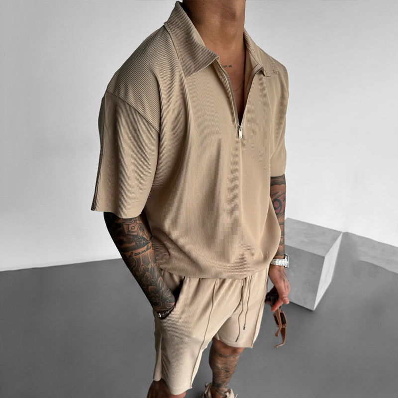 Summer Fashion Mens Clothing  Men's Suits New Zipper Polo Casual Short Sleeve Drawstring Shorts Men's Set - Daily Cozy Closet