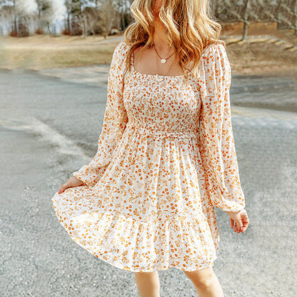 🍂 Fall Florals & Retro Charm – Square Collar Long Sleeve Smocked Dress - Daily Cozy Closet