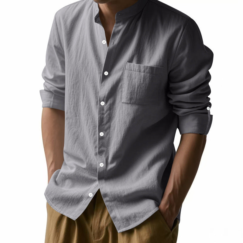 👔 Stylish Long Sleeve Stand Collar Shirt with Pockets – Casual Comfort for Men - Daily Cozy Closet