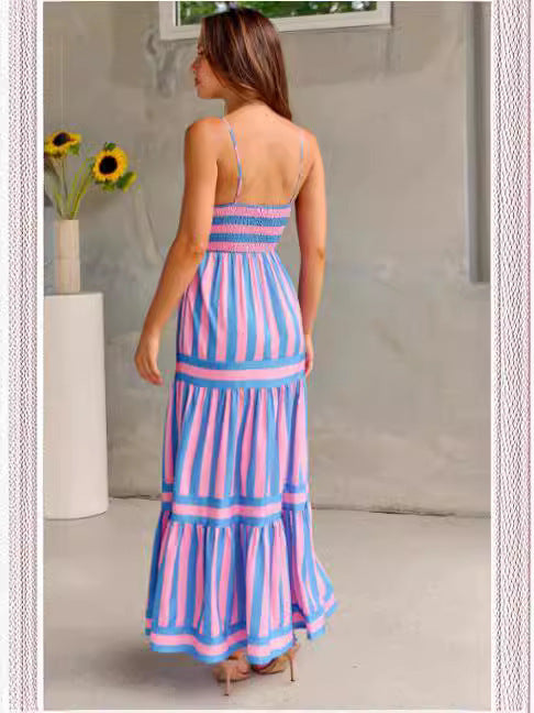 Summer Striped Printed Suspender Long Dress With Pockets Fashion Square Neck Backless Dresses For Beach Vacation Women Clothing - Daily Cozy Closet